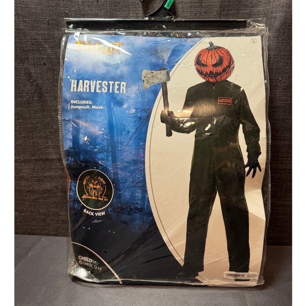 Spirit Halloween Jack-O-Lantern Harvester Costume Kids L 12-14 Creepy Pumpkin